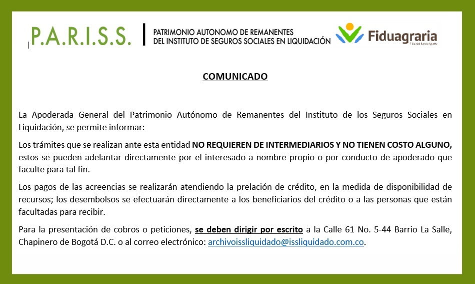 Comunicado: los trámites ante la entidad no requieren de intermediarios y no tienen costo alguno